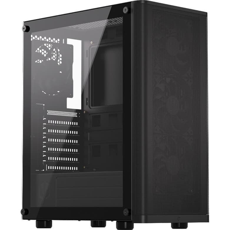 Black ATX full tower PC case with tempered glass side panel, featuring multiple cooling fans, spacious interior for components, and a sleek, modern design.