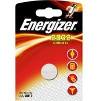 Energizer CR2032 lithium battery in red and black packaging with yellow text and icons.