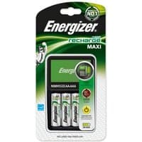 Energizer 638582 battery charger with green and black design, includes four AA rechargeable batteries in packaging.