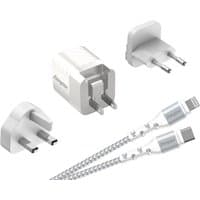 White Energizer A20MUL charger with interchangeable plugs and braided USB-C to Lightning cable.