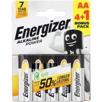 Energizer Alkaline Power AA Batteries, 4+1 pack, silver with black tops, in branded packaging with mascot.