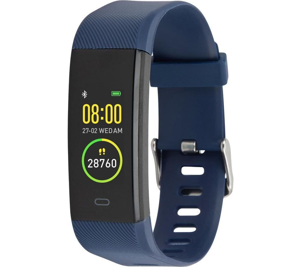 Blue silicone smart bracelet featuring a rectangular display, Bluetooth connectivity indicator, time, date, and step count.