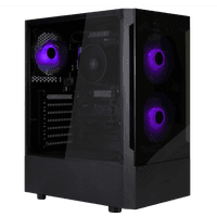 Black gaming PC tower with transparent side panel, purple LED fans, and sleek design.