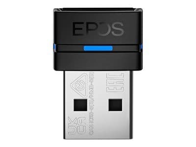 Compact black USB adapter with a blue LED indicator, featuring the "EPOS" logo on the top and metal connector for wireless audio connectivity.