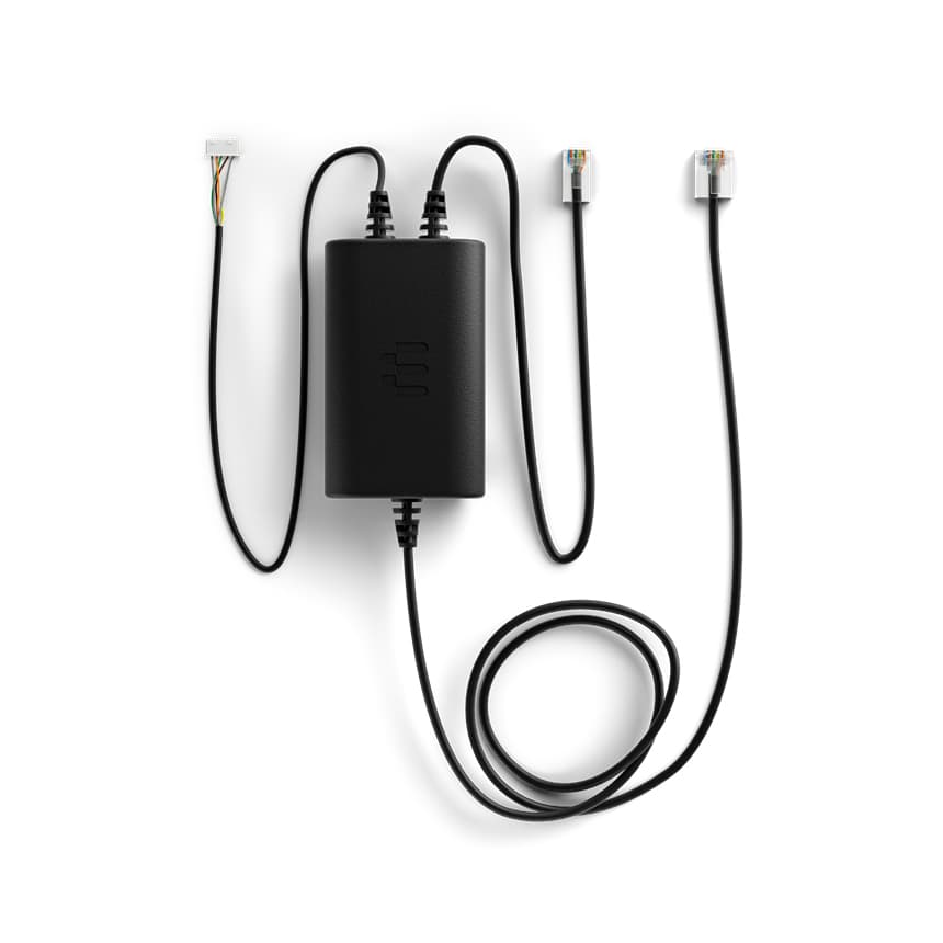 Black Epos Cehs-nec01 adapter with two connected cables, one featuring a multi-colored wire and the other ending in a clear connector, all on a white background.
