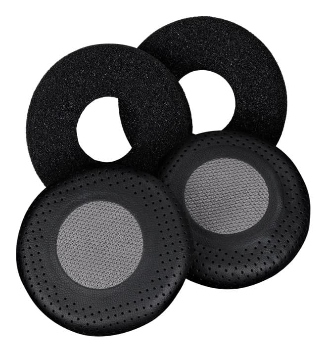 Black ear cushions made of soft foam and mesh, featuring a textured surface with perforations for breathability, designed for the EPOS HZP 47 headset.