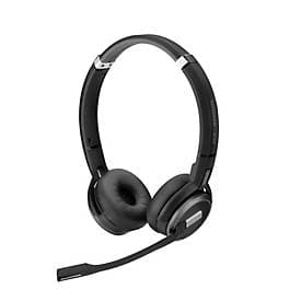 Black over-ear headset with plush ear cushions, adjustable headband, and a flexible boom microphone, designed for comfort and clarity in communication.