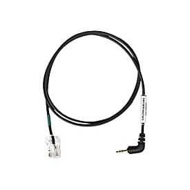 Black EPOS RJ45-2.5mm audio cable featuring a clear RJ45 connector and a right-angled 2.5mm audio jack, designed for connecting audio devices.