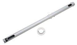 Silver metal ceiling pipe, 450mm long, featuring ventilation holes and a smooth finish, accompanied by a circular mounting bracket.