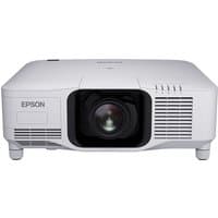 White Epson EB-PU2113W projector, large lens, vented sides, rectangular shape, 13000 ANSI lumens, 3LCD WUXGA.