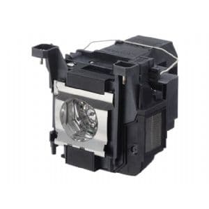 Black projector lamp assembly with a shiny silver bulb at the front, featuring a sturdy plastic housing and ventilation grilles on the sides, designed for Epson projectors.