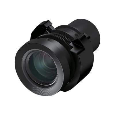 Epson ELPLM08 mid-throw lens in black, featuring a cylindrical design with a glass lens front, adjustable focus ring, and mounting brackets for G7000/L1000 series projectors.