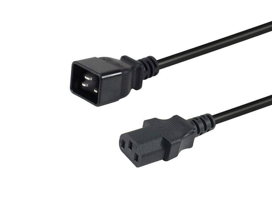 Black 1.8-meter power cable featuring IEC C20 and IEC C13 connectors, made of durable plastic with a flexible design for easy connectivity.