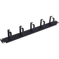 Black 19" cable management panel 1U with five metal brackets for organizing cables, by equip.