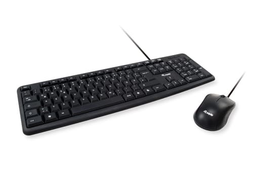 Black USB QWERTY keyboard with Italian layout and a matching black optical mouse, both featuring a sleek, minimalist design and wired connections.