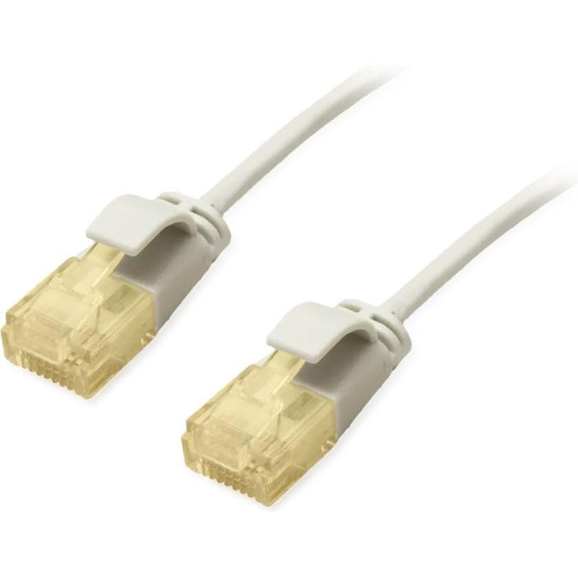 Grey 1.0m Equip Cat.6A U/UTP Slim Patch Cable with two yellow-tinted connectors, featuring a slim design and clip for secure connection.