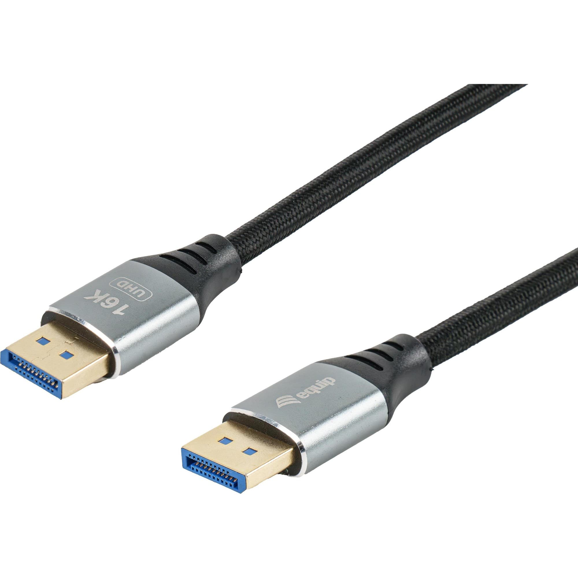 Black braided DisplayPort 2.1 cable, 2.0m long, featuring gold-plated connectors, labeled for 16K/60Hz and 54Gbps data transfer speed.
