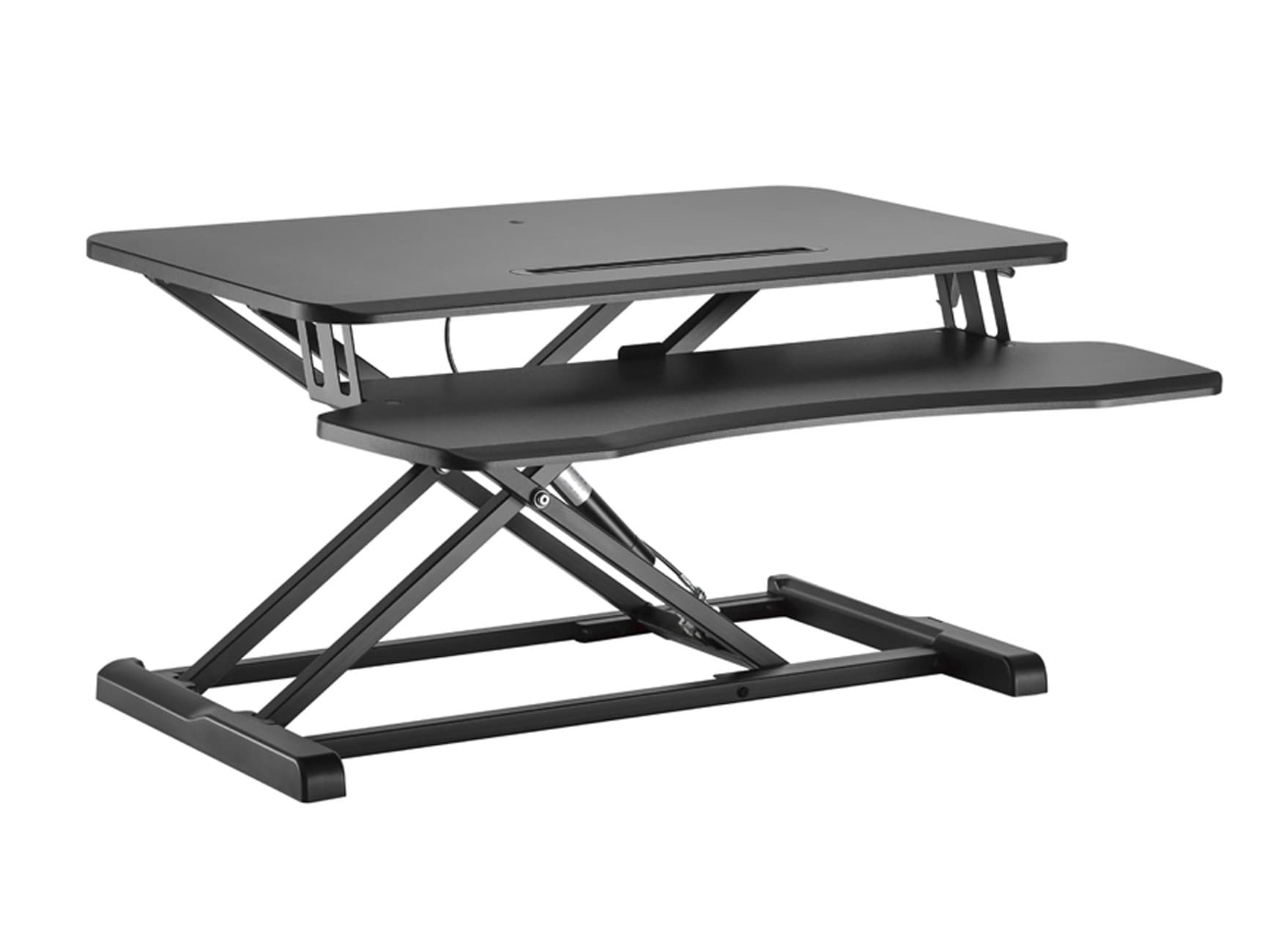 Black ergonomic sit/stand desk riser with a sleek design, featuring a sturdy metal frame, adjustable height, and a spacious top surface for monitors and a lower shelf for keyboard placement.