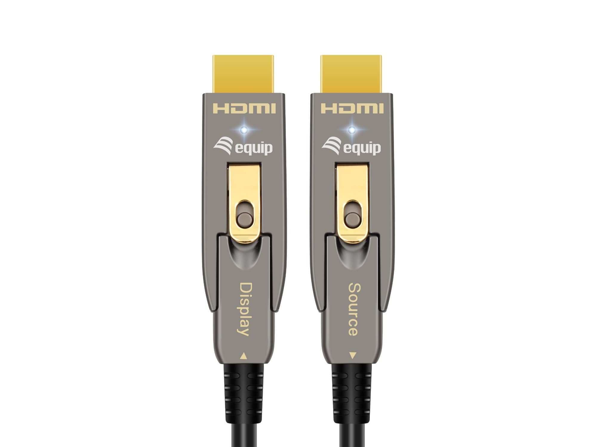 Detachable HDMI 2.1 cable with gold-plated connectors, featuring a grey housing and labeled ends for "Display" and "Source," designed for 8K/60Hz performance, 30m length.