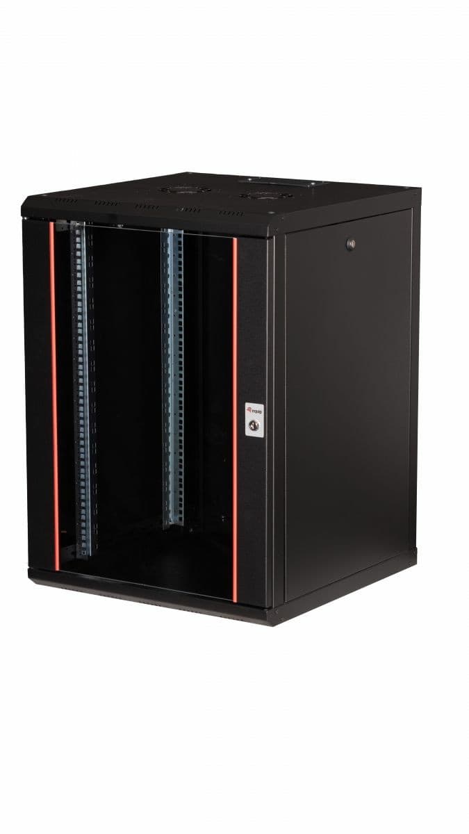 19-inch Equip Pro Mount cabinet in RAL9005 black, featuring a 16U capacity, 600x600mm dimensions, dual vertical rails, and a lockable front door with red accents.