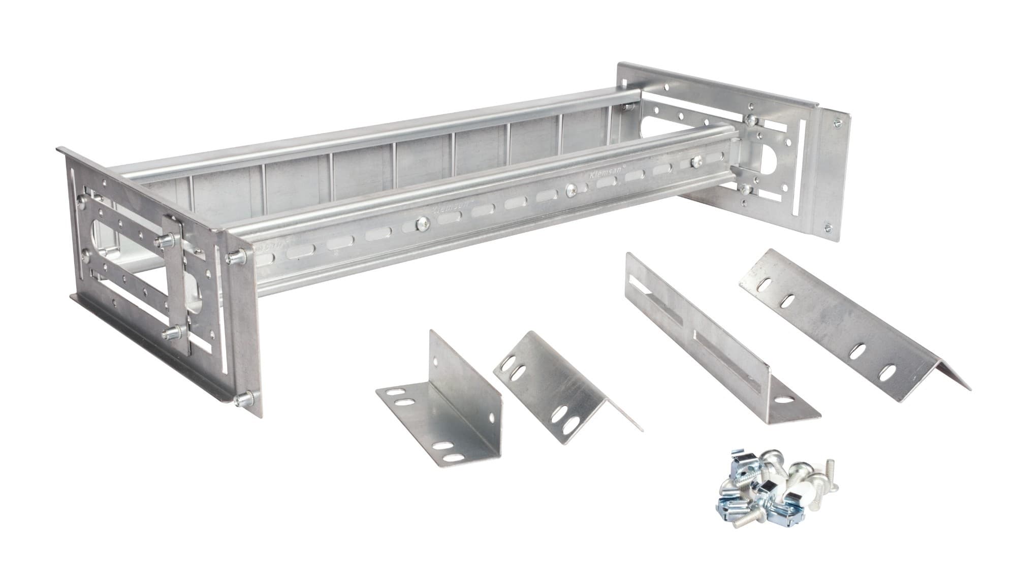 19-inch Equip Rails in RAL7035 grey, made of metal, featuring a 3U DIN design, with multiple mounting brackets and hardware included for installation.