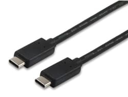 Black 1-meter USB C to USB C cable featuring male connectors on both ends, designed for data transfer and charging.