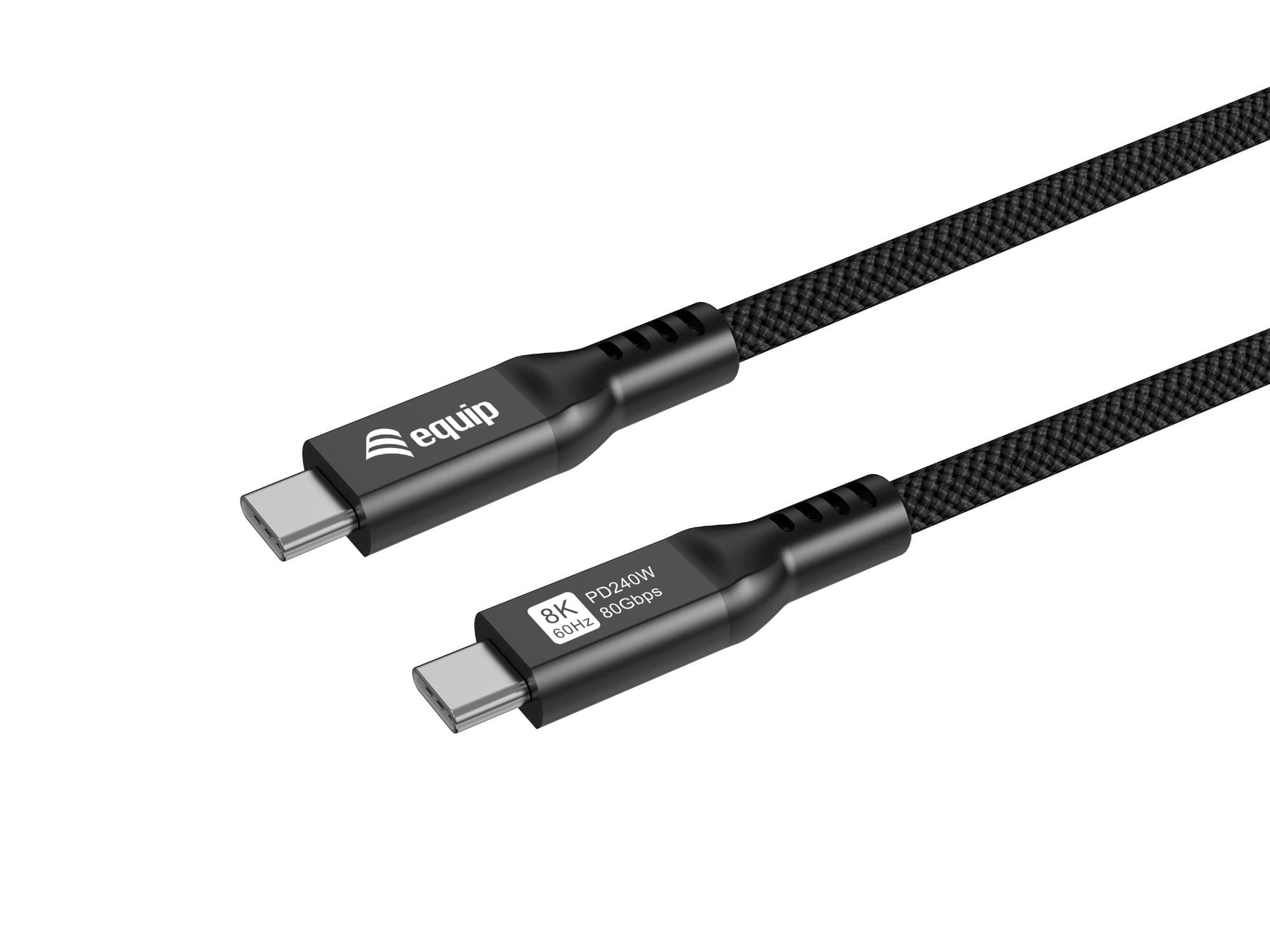 Black USB 4 C to C cable, 1.2m long, featuring a durable braided design, labeled PD240W and 8K/60Hz, with a data transfer speed of 80Gbps at both ends.