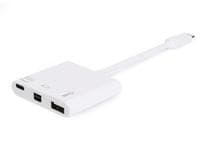 White USB Type C to Mini DisplayPort female and USB A female adapter with a short flexible cable and three ports for connectivity.