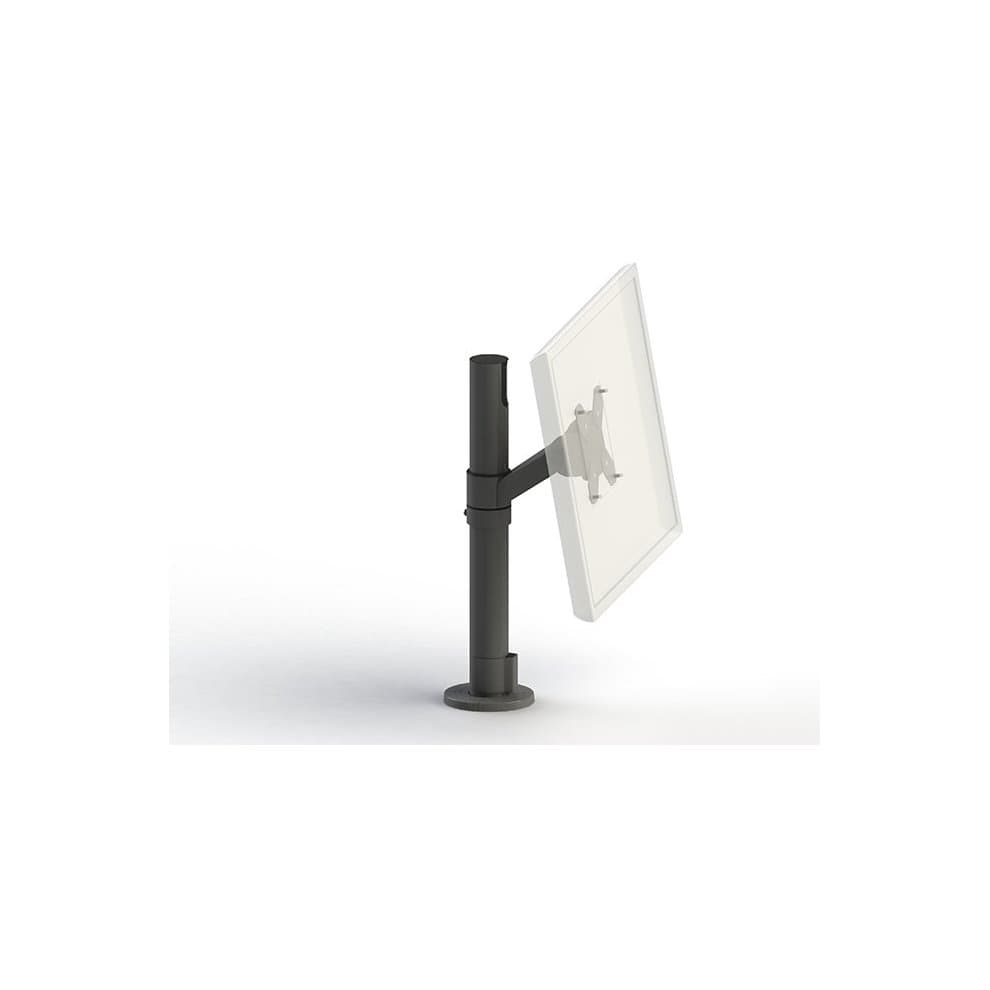 Black pole mount with a sleek design, featuring an adjustable arm that supports a flat-screen monitor, designed for ergonomic viewing.