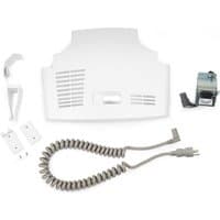 White Ergotron multimedia cart accessory with coiled cord, vented panel, and mounting brackets.