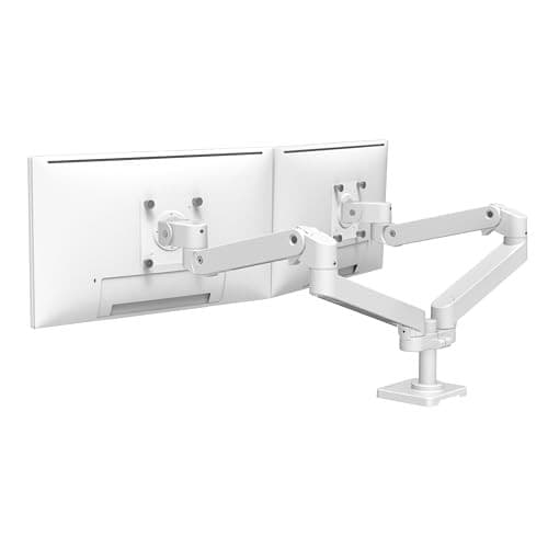 White dual monitor arm with adjustable joints, designed for VESA desk mounting, supporting two monitors for ergonomic positioning.