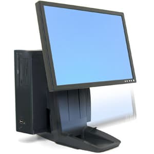 Black Ergotron Neo-Flex All-in-One Monitor Stand with a sleek design, supporting a flat-screen monitor and housing a compact computer unit at the back.