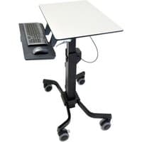 Graphite Ergotron TeachWell mobile workspace with adjustable desk, keyboard tray, and wheeled base.