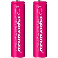 Pink Esperanza AAA rechargeable batteries with white logo and text, nickel-metal hydride type, set of two.