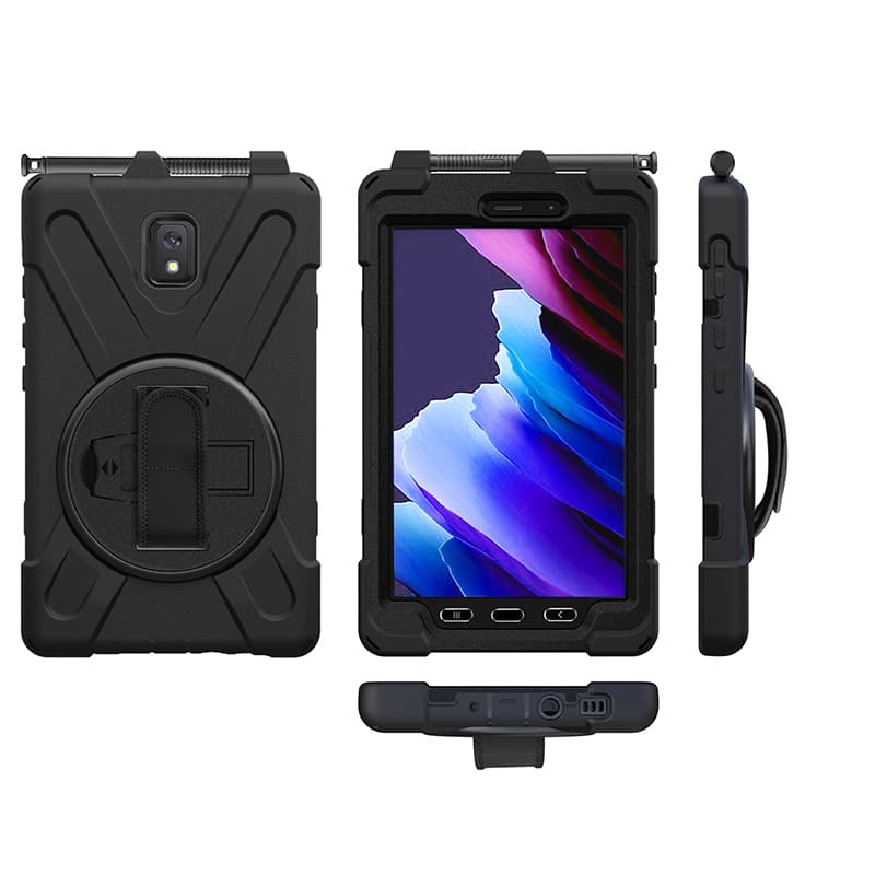 Black ESTUFF AUSTIN Defender Case for Samsung Galaxy Tab Active3 featuring rugged design, kickstand, precise cutouts, and durable material for enhanced protection.