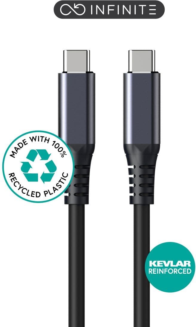 Black USB cable with gray connectors, featuring Kevlar reinforcement and made from 100% recycled plastic, designed for durability and high performance.