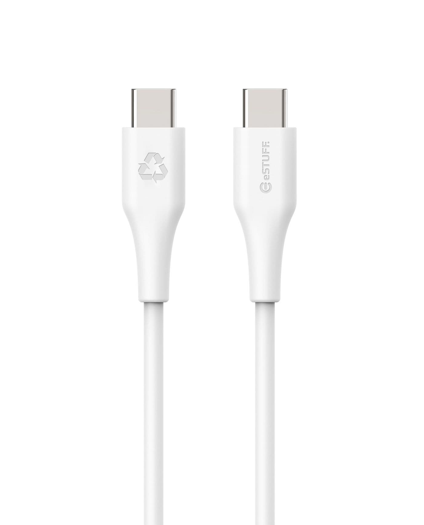 White USB 2.0 cable, 1 meter long, featuring USB-C connectors on both ends, with a smooth plastic finish and eSTUFF logo embossed on one side.