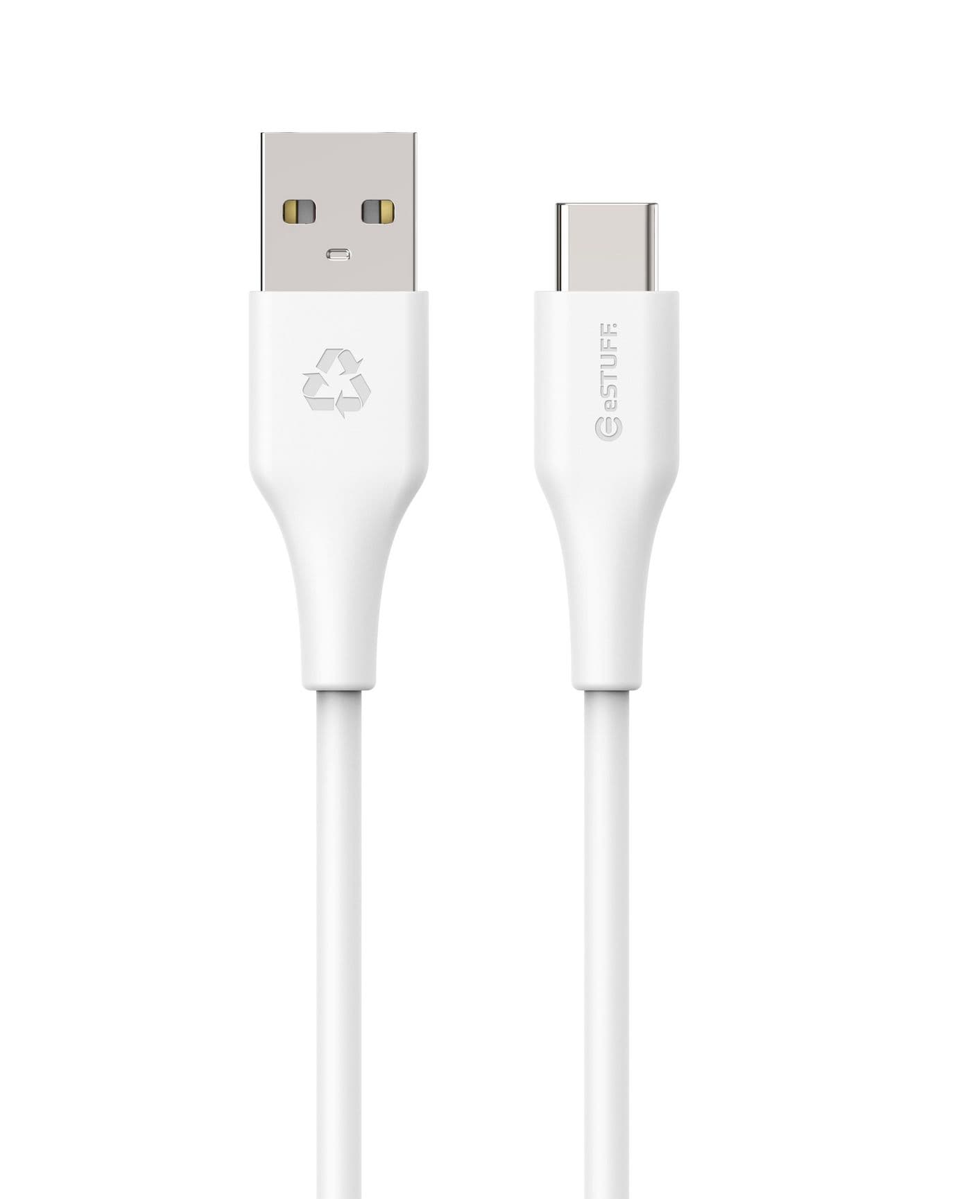 White USB 2.0 cable, 1 meter long, featuring a USB-A connector on one end and a USB-C connector on the other, with a smooth plastic finish and eSTUFF branding.