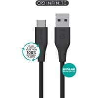 Black eSTUFF ES605280 USB cable with USB-A and USB-C connectors, Kevlar reinforced, made from recycled plastic.