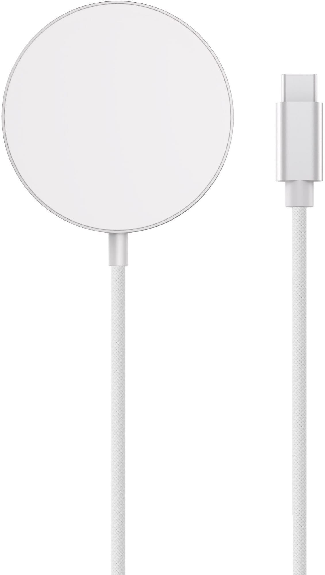 White circular mobile device charger with a sleek design, featuring a USB-C connector and a textured white cable for easy charging.