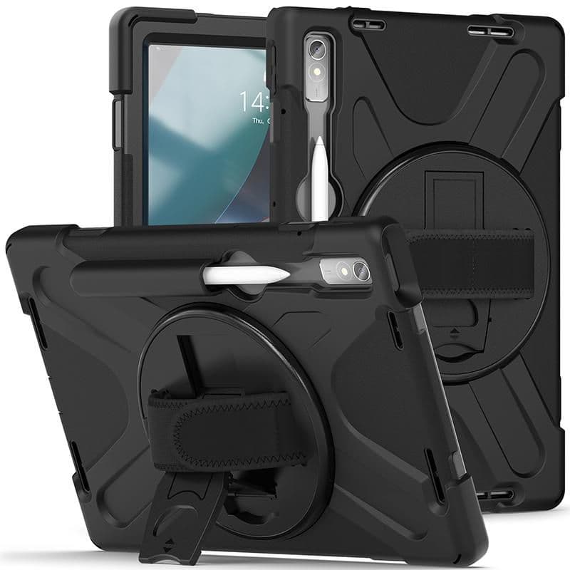 Black tablet case with a textured surface, featuring a rotating stand and stylus holder, designed for 11.5-inch devices, offering durable protection and functionality.