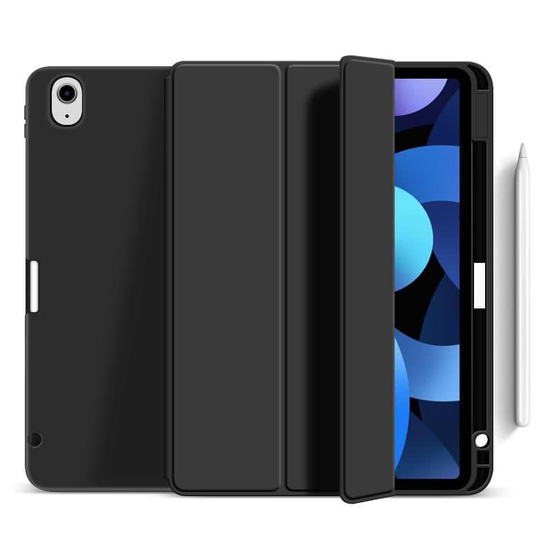 Black folio tablet case designed for 10.9" devices, featuring a sleek, matte finish, magnetic closure, and a slot for a stylus.