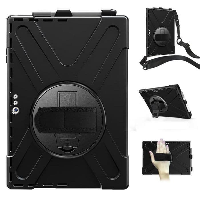 Black tablet case designed for 12.3" devices, featuring a textured exterior, a rotating stand, and a hand strap for secure handling.