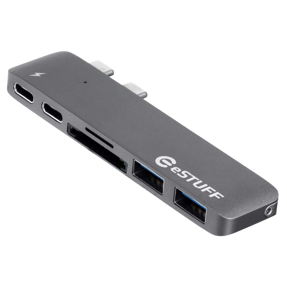 Grey eSTUFF ES84122 Interface Hub featuring USB 3.2 Gen 1 Type-C ports, two USB-A ports, an SD card slot, and a sleek, metallic design.