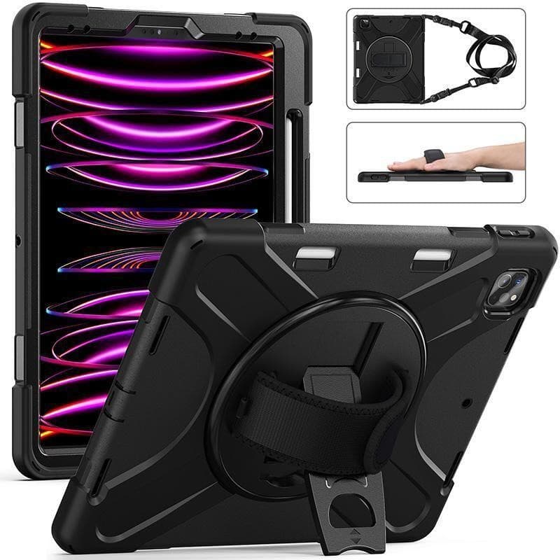 Black rugged tablet case with a built-in kickstand and a hand strap, featuring a textured surface and reinforced corners for enhanced protection.