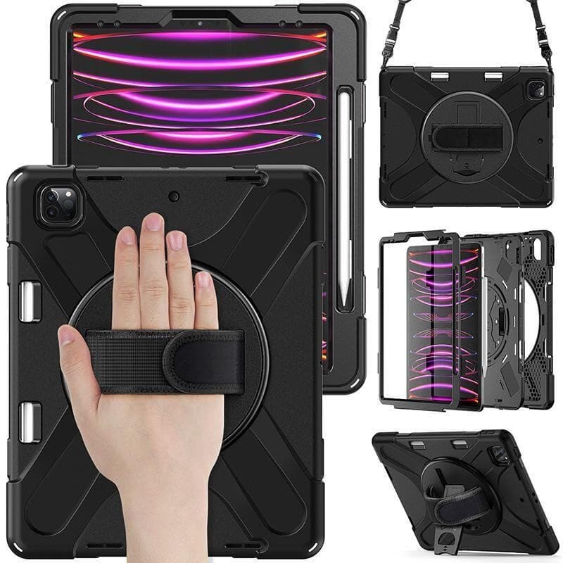 Black rugged case for iPad Pro 13 (2024/2025) featuring a hand strap, rotating kickstand, and a slot for a stylus, with a textured surface for grip.