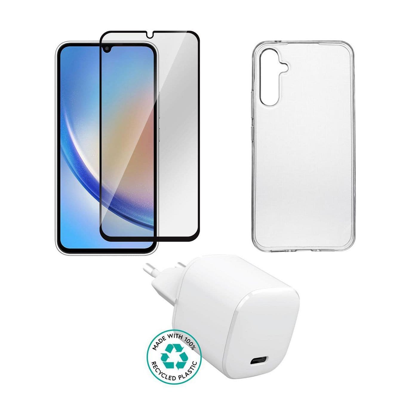 Clear phone case, two tempered glass screen protectors, and a white USB-C charger, all designed for the Samsung Galaxy A56, with a recycling logo on the charger.