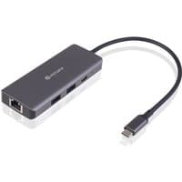 Gray eSTUFF US-C 6-in-1 mobile hub with USB-C connector, Ethernet port, and multiple USB slots.