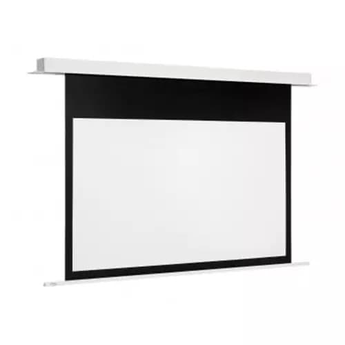 Euroscreen SEZ1617-W projection screen featuring a 68-inch 16:9 white viewing surface with a black border, housed in a sleek white casing with side mounting brackets.