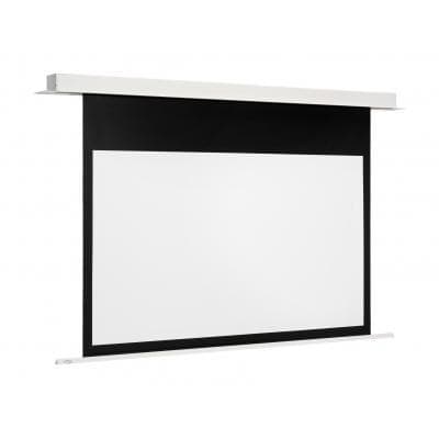 Euroscreen SEZ2217-D projection screen features a sleek white surface framed by a black border, with a minimalist silver casing at the top for ceiling installation.